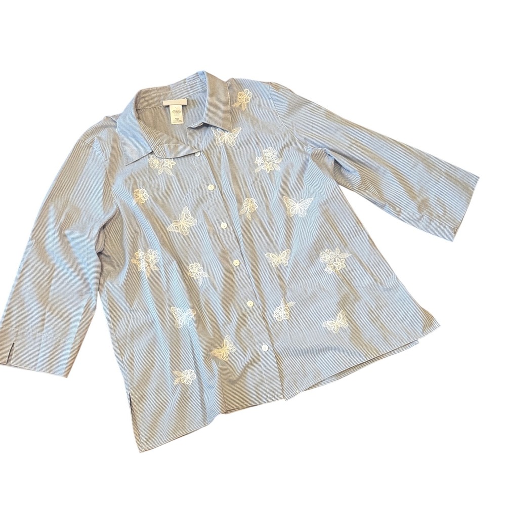 Alfred Dunner Button Down L Blue Seersucker Butterfly Cottagecore Grannycore